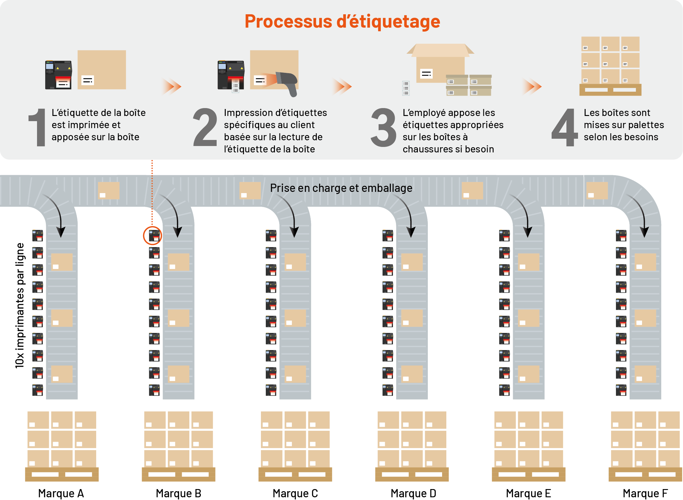 Six conveyor lines, each with 10 printers. Each printer uses specific label sizes and styles, eliminating the need to change rolls for different customers.