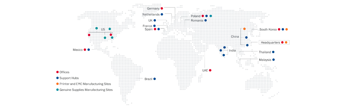 Global map showing TSC Auto ID’s worldwide offices, support hubs, and manufacturing sites.